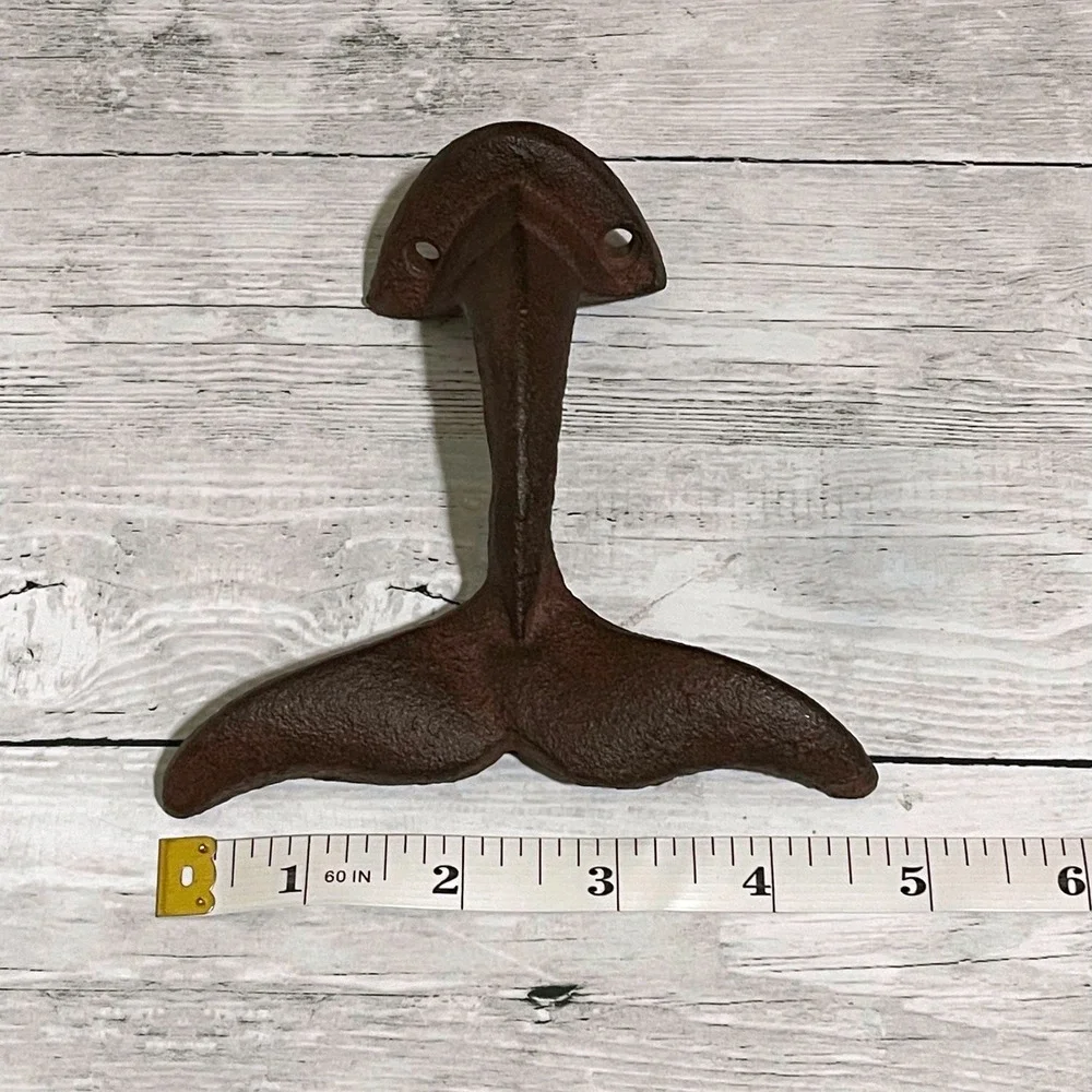 Cast Iron Whale Tail Wall Hook Rustic Brown Nautical Fluke Coat Towel Hanger 5in